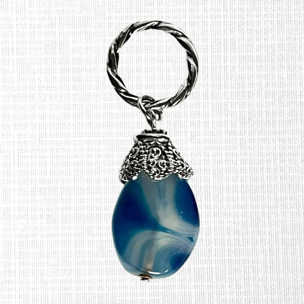 Glass Imitation Agate Stone Pendant Charm Silver Tone Blue Swirl Chunky Jewelry
